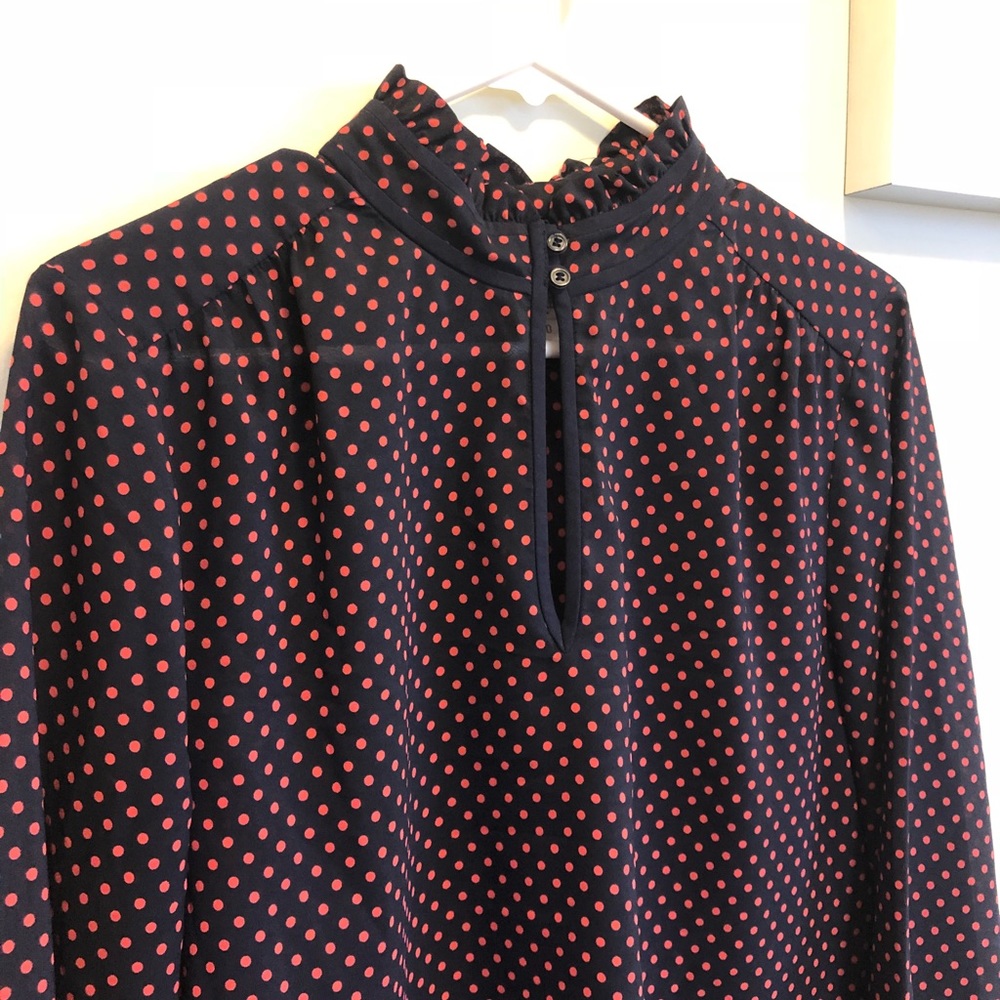 J. Crew Navy w/ Red Dots Ruffled Collar Blouse